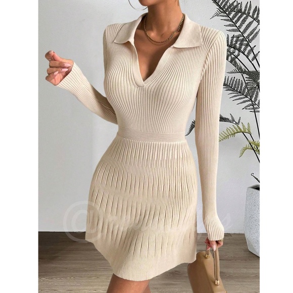 Beige Rib Knit Ruffle Hem V-Neck Mini Dress Collared Long Sleeve Stretchy - Picture 5 of 8